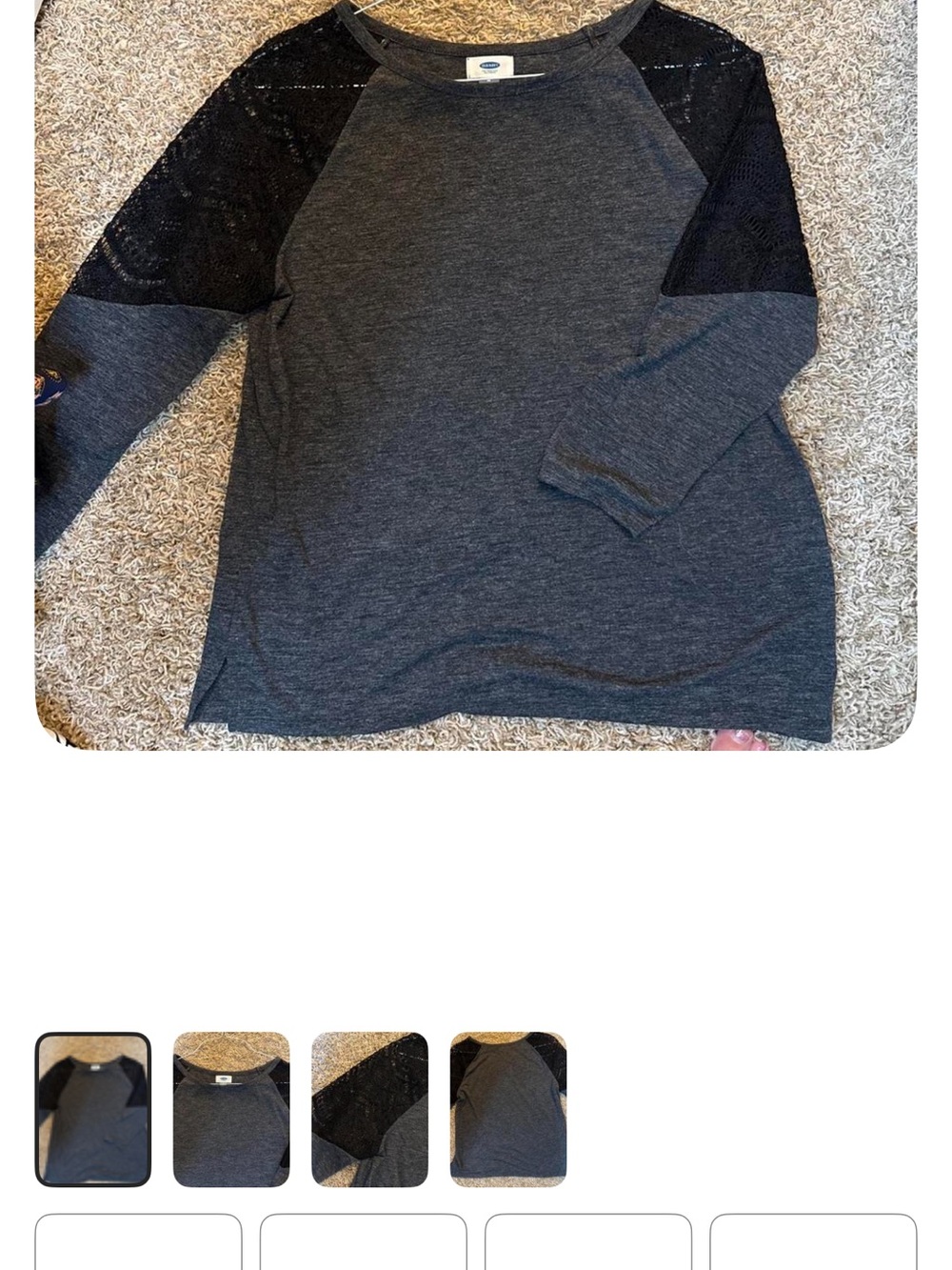 Old Navy Dark Gray Top with Black Lace Raglan Sleeves
